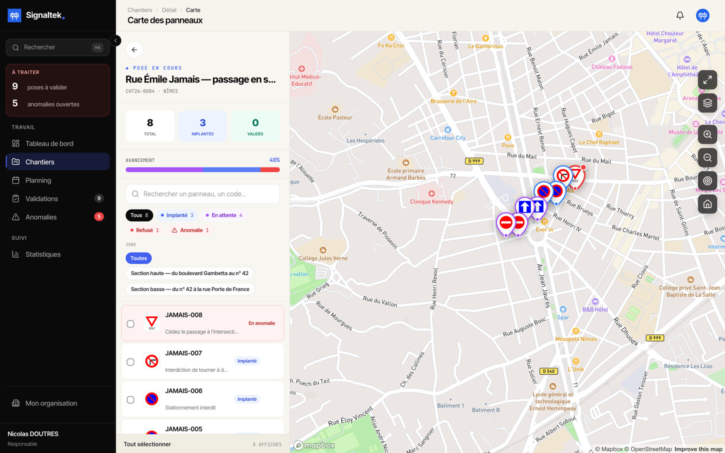 Carte des panneaux d'un chantier avec leurs statuts