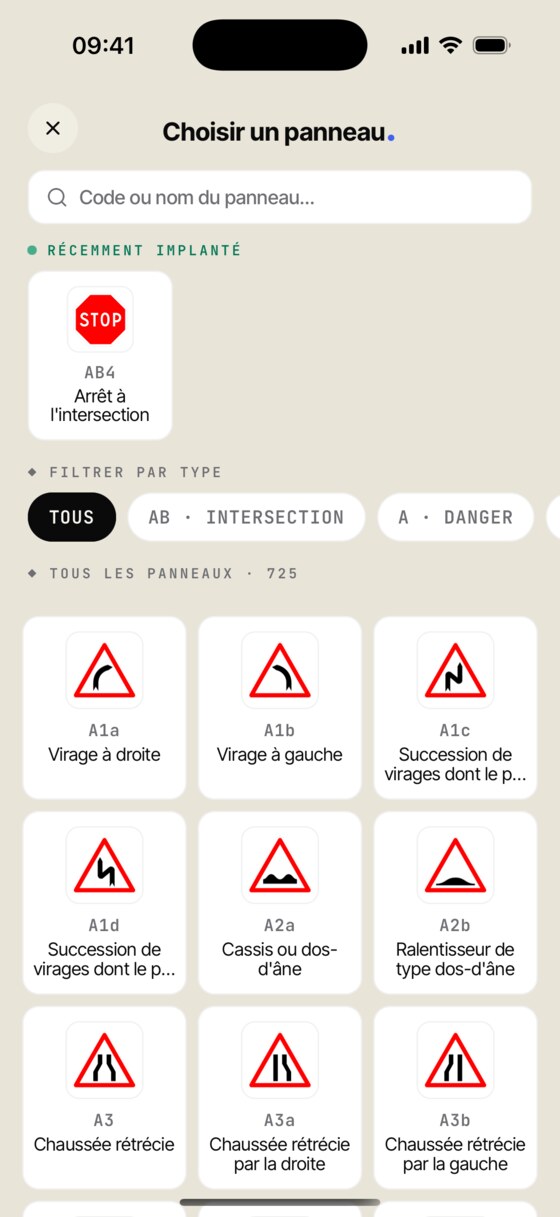 Catalogue réglementaire des panneaux dans l'application mobile